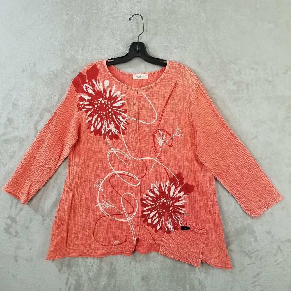 Jess & Jane Tunic Women Large Orange Floral 100% Cotton Relaxed Pocket Artsy